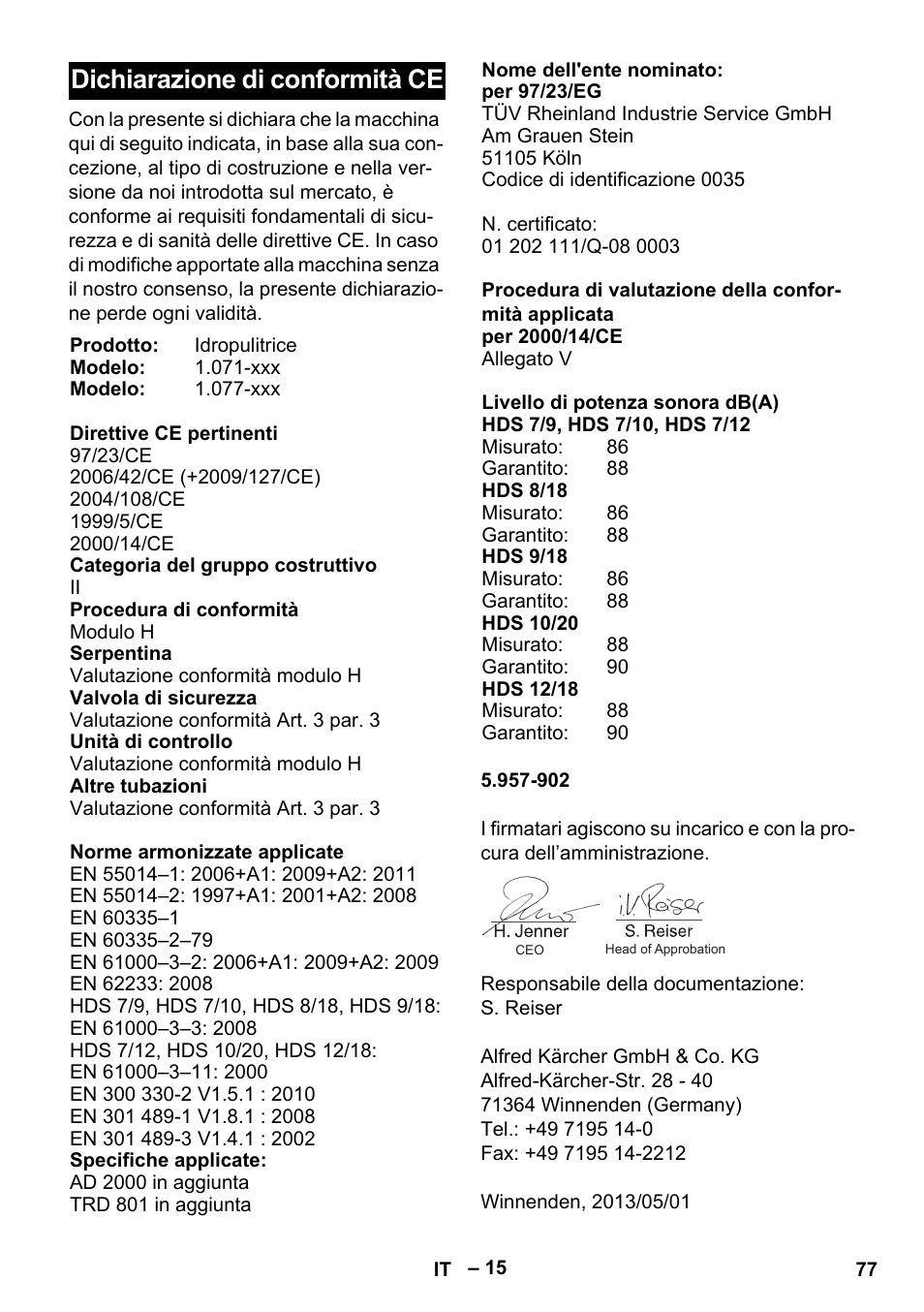 Dichiarazione di conformità ce | Karcher HDS 7-12-4 M User Manual | Page 77 / 516