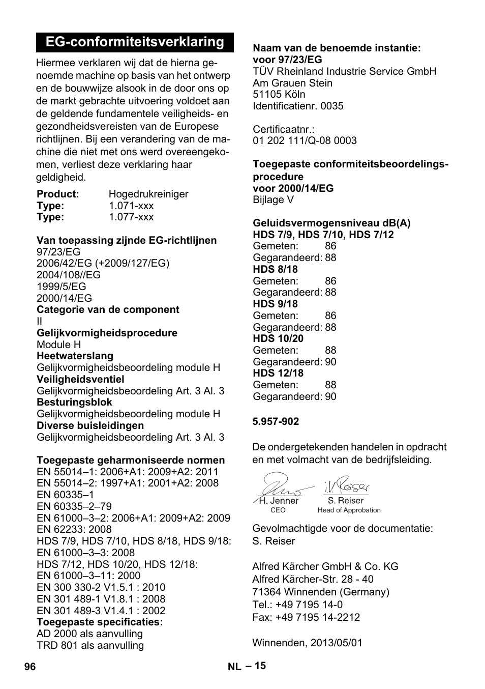 Eg-conformiteitsverklaring | Karcher HDS 7-12-4 M User Manual | Page 96 / 516