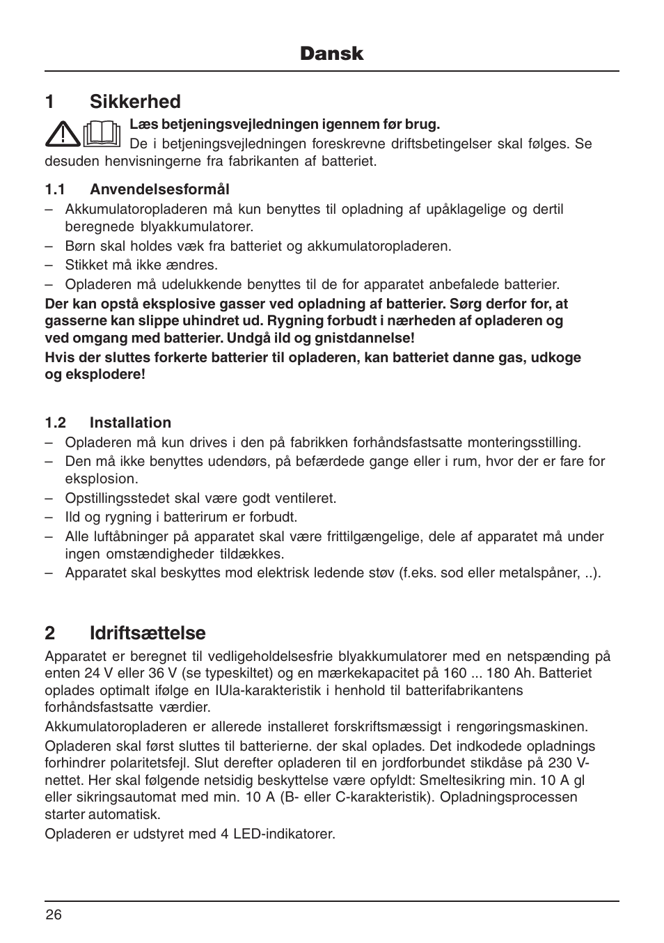 Dansk 1 sikkerhed, 2idriftsættelse | Karcher BDP 50 - 2000 RS Bp Pack User Manual | Page 26 / 40