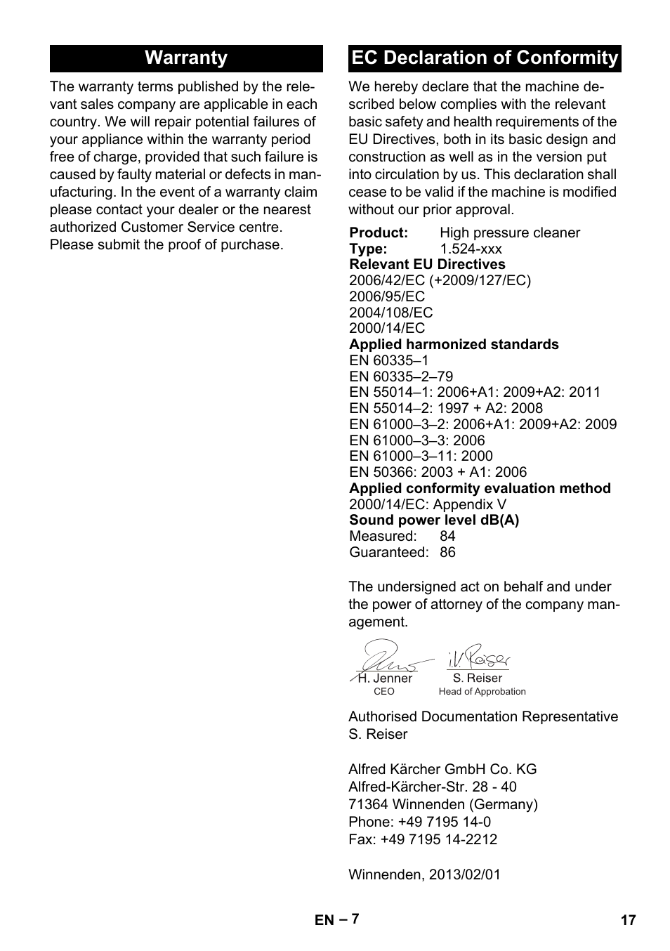 Warranty, Ec declaration of conformity, Warranty ec declaration of conformity | Karcher HD 10-15-4 Cage Food User Manual | Page 17 / 256