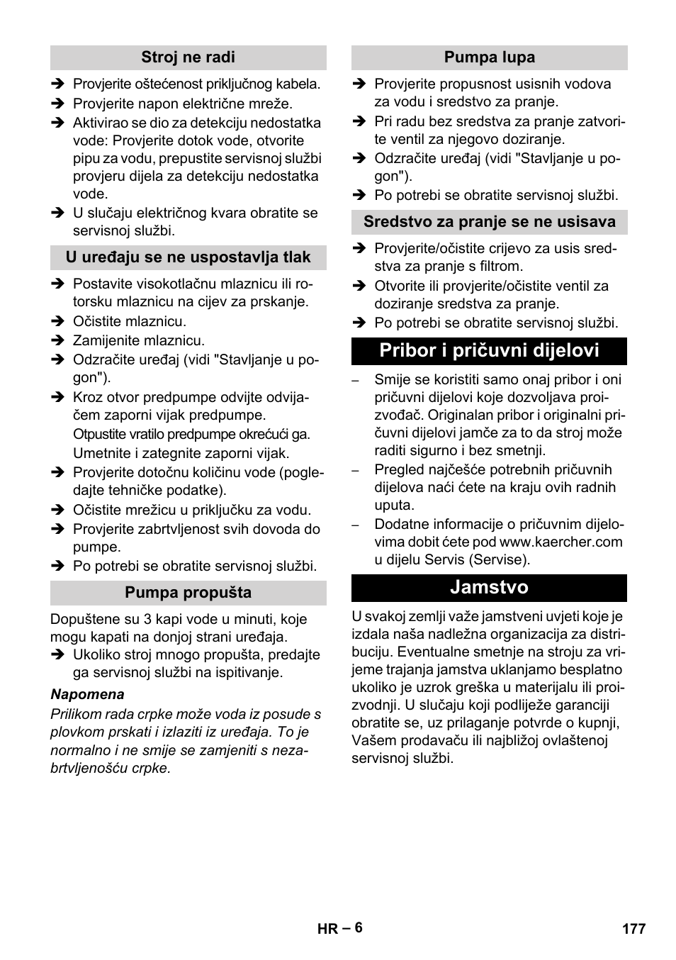 Stroj ne radi, U uređaju se ne uspostavlja tlak, Pumpa propušta | Pumpa lupa, Sredstvo za pranje se ne usisava, Pribor i pričuvni dijelovi, Jamstvo, Pribor i pričuvni dijelovi jamstvo | Karcher HD 10-15-4 Cage Food User Manual | Page 177 / 256