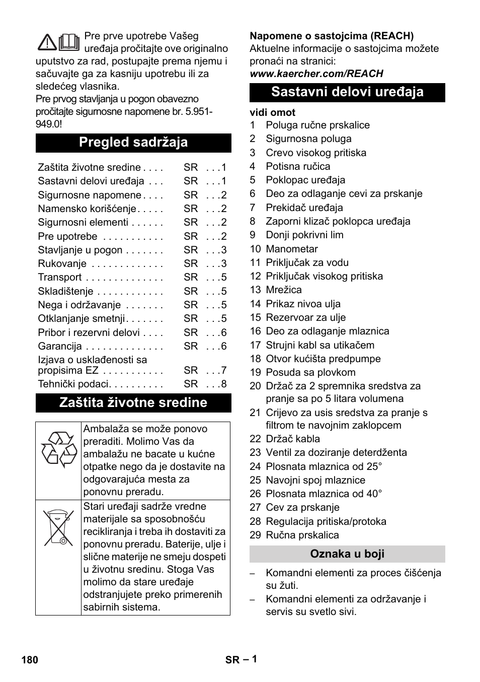 Srpski, Pregled sadržaja, Zaštita životne sredine | Sastavni delovi uređaja, Oznaka u boji | Karcher HD 10-15-4 Cage Food User Manual | Page 180 / 256