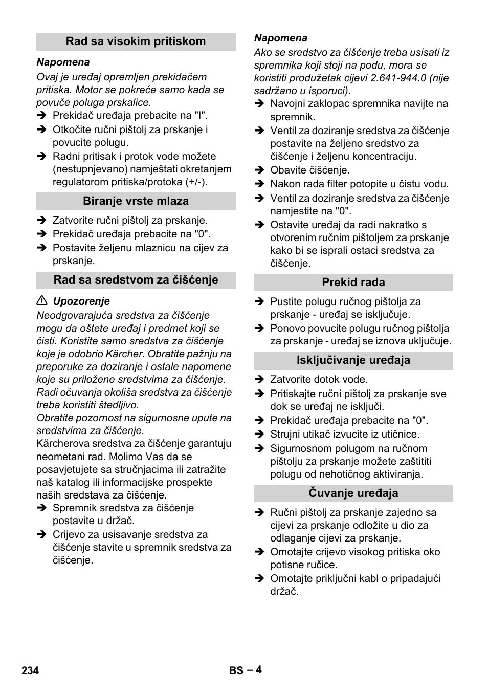 Rad sa visokim pritiskom, Biranje vrste mlaza, Rad sa sredstvom za čišćenje | Prekid rada, Isključivanje uređaja, Čuvanje uređaja | Karcher HD 10-15-4 Cage Food User Manual | Page 234 / 256