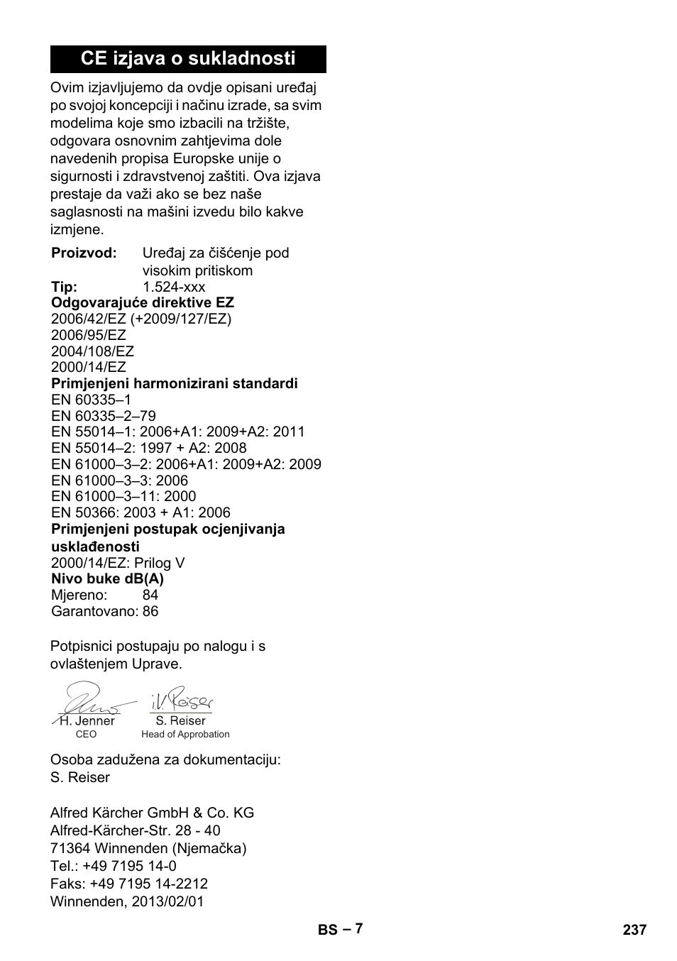 Ce izjava o sukladnosti | Karcher HD 10-15-4 Cage Food User Manual | Page 237 / 256