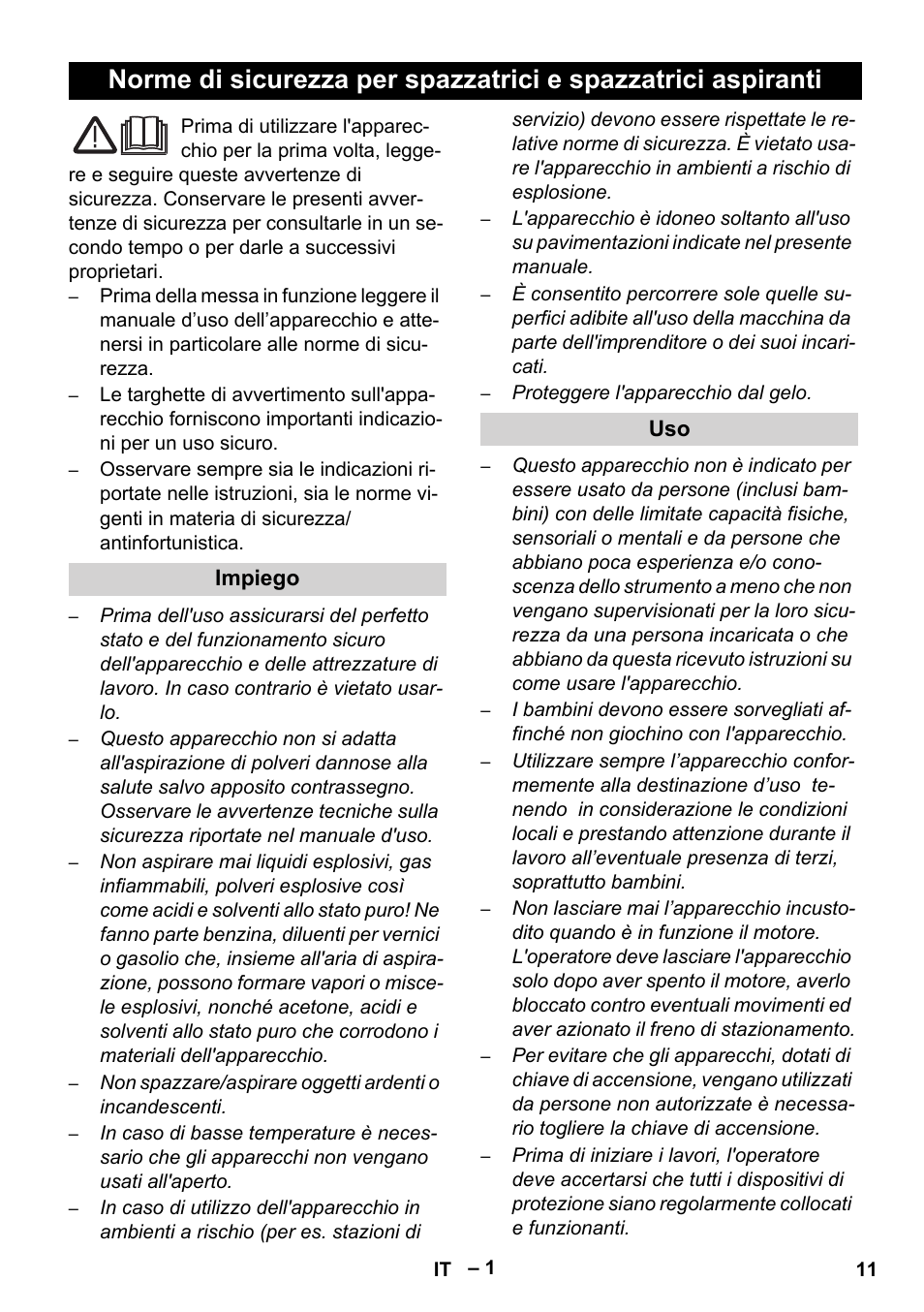 Italiano, Impiego | Karcher Sweepers and vacuum sweepers (Safety information) User Manual | Page 11 / 88
