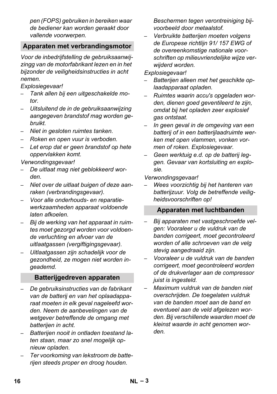 Apparaten met verbrandingsmotor, Batterijgedreven apparaten, Apparaten met luchtbanden | Karcher Sweepers and vacuum sweepers (Safety information) User Manual | Page 16 / 88