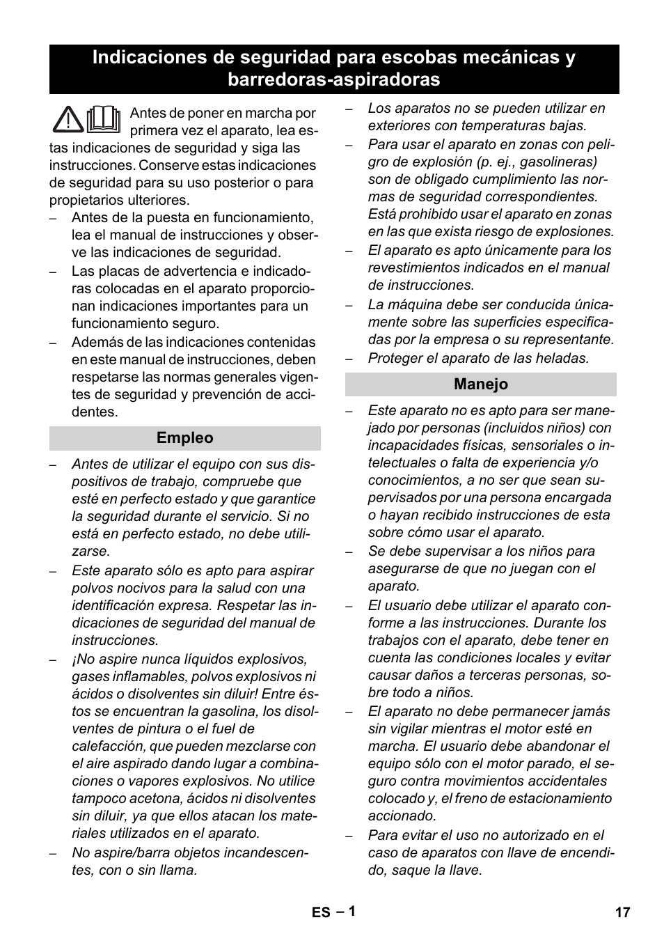 Español, Empleo, Manejo | Karcher Sweepers and vacuum sweepers (Safety information) User Manual | Page 17 / 88