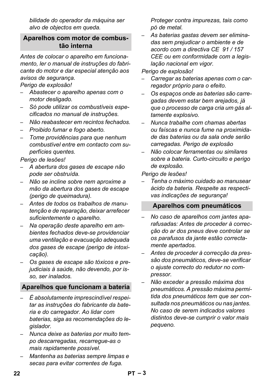 Aparelhos com motor de combustão interna, Aparelhos que funcionam a bateria, Aparelhos com pneumáticos | Karcher Sweepers and vacuum sweepers (Safety information) User Manual | Page 22 / 88