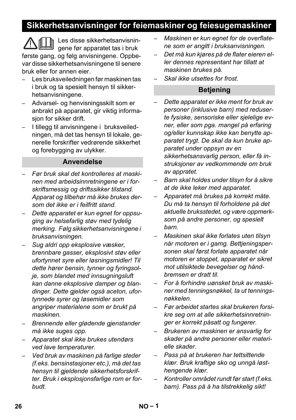 Norsk, Anvendelse, Betjening | Karcher Sweepers and vacuum sweepers (Safety information) User Manual | Page 26 / 88