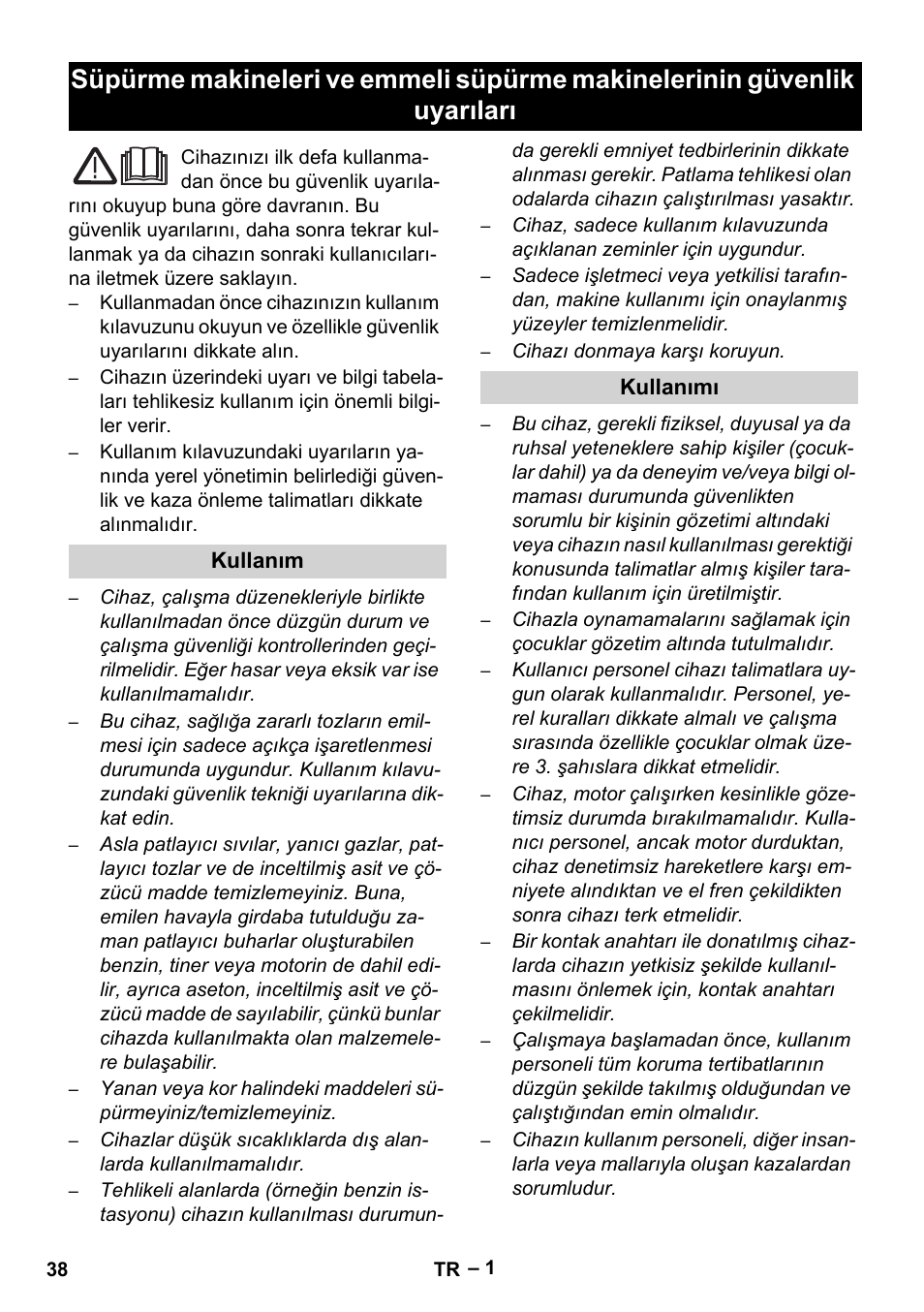 Türkçe, Kullanım, Kullanımı | Karcher Sweepers and vacuum sweepers (Safety information) User Manual | Page 38 / 88