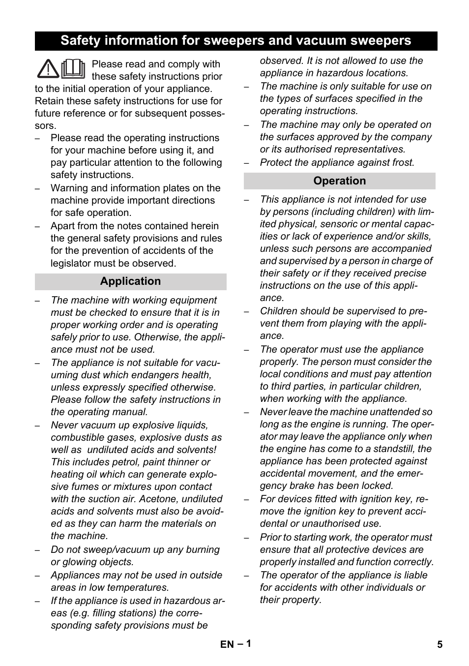 English, Application, Operation | Karcher Sweepers and vacuum sweepers (Safety information) User Manual | Page 5 / 88