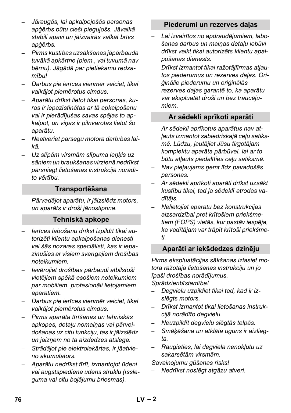 Transportēšana, Tehniskā apkope, Piederumi un rezerves daļas | Ar sēdekli aprīkoti aparāti, Aparāti ar iekšdedzes dzinēju | Karcher Sweepers and vacuum sweepers (Safety information) User Manual | Page 76 / 88