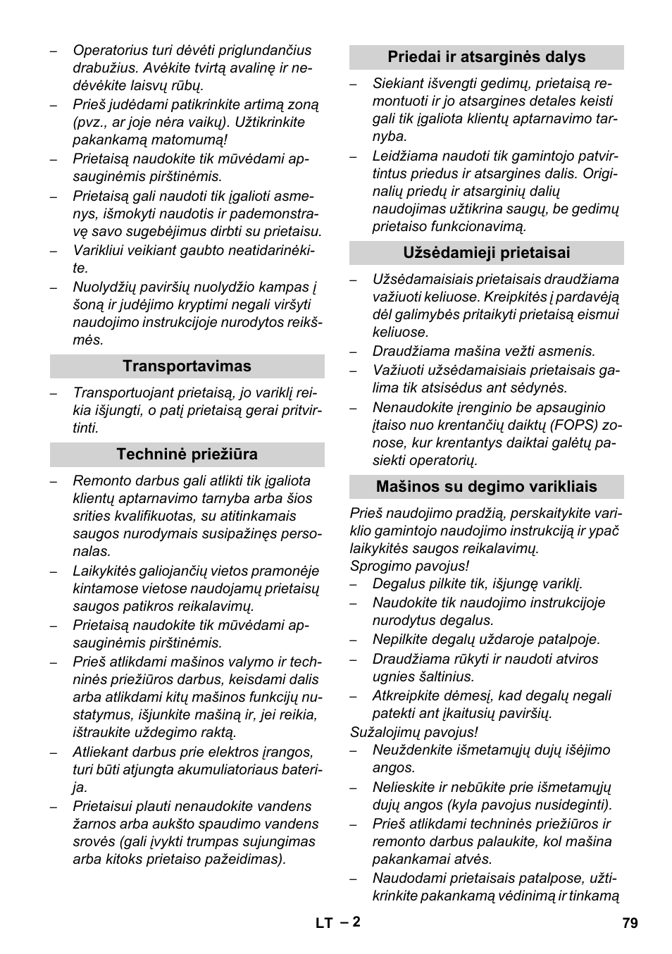 Transportavimas, Techninė priežiūra, Priedai ir atsarginės dalys | Užsėdamieji prietaisai, Mašinos su degimo varikliais | Karcher Sweepers and vacuum sweepers (Safety information) User Manual | Page 79 / 88