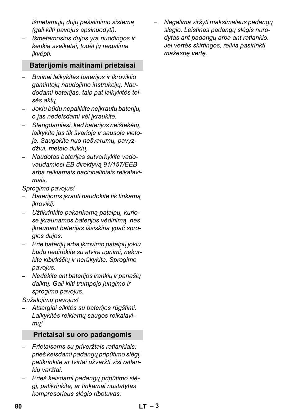 Baterijomis maitinami prietaisai, Prietaisai su oro padangomis | Karcher Sweepers and vacuum sweepers (Safety information) User Manual | Page 80 / 88