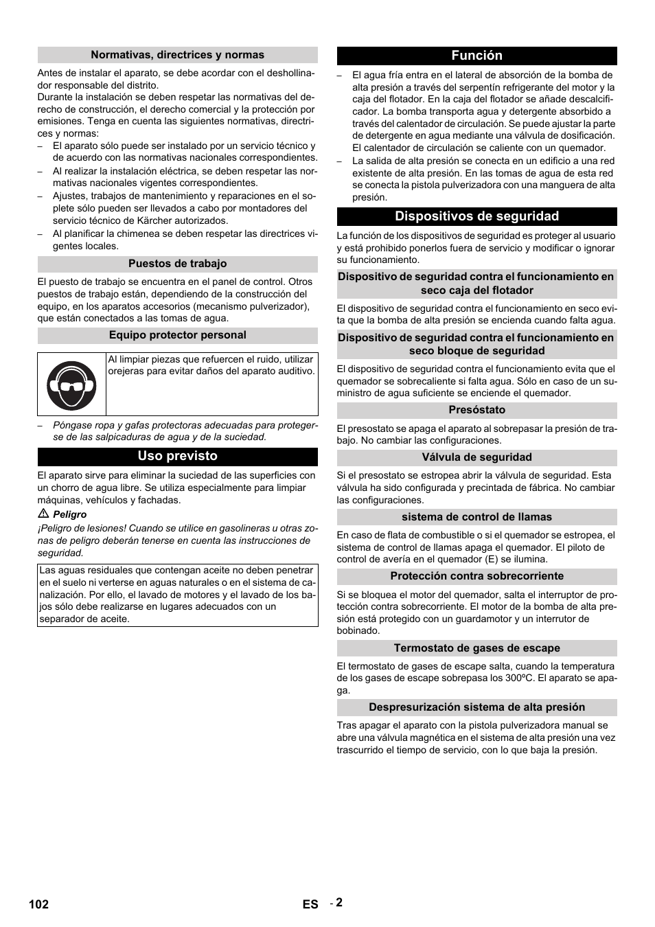 Normativas, directrices y normas, Puestos de trabajo, Equipo protector personal | Uso previsto, M peligro, Función, Dispositivos de seguridad, Presóstato, Válvula de seguridad, Sistema de control de llamas | Karcher HDS 9-14-4 ST User Manual | Page 102 / 450