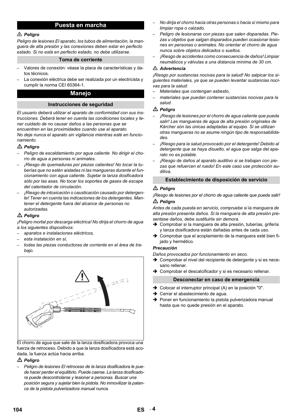 Puesta en marcha, N peligro, Toma de corriente | Manejo, Instrucciones de seguridad, M peligro, Aparatos e instalaciones eléctricos, Esta instalación en sí, N advertencia, Materiales que contengan asbesto | Karcher HDS 9-14-4 ST User Manual | Page 104 / 450