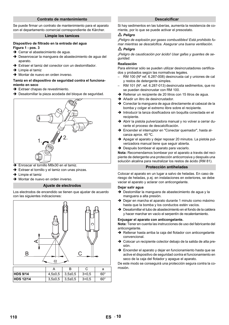 Contrato de mantenimiento, Limpie los tamices, Dispositivo de filtrado en la entrada del agua | Figura 1 - pos. 3, Cerrar el abastecimiento de agua, Limpie el tamiz, Montar de nuevo en orden inverso, Extraer chapas de revestimiento, Enroscar el tornillo m8x30 en el tamiz, Extraer el tornillo y el tamiz con unas pinzas | Karcher HDS 9-14-4 ST User Manual | Page 110 / 450