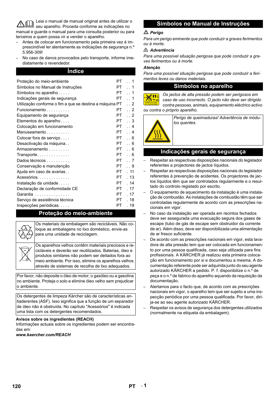Português, Índice, Proteção do meio-ambiente | Avisos sobre os ingredientes (reach), Www.kaercher.com/reach, Símbolos no manual de instruções, M perigo, N advertência, Atenção, Símbolos no aparelho | Karcher HDS 9-14-4 ST User Manual | Page 120 / 450