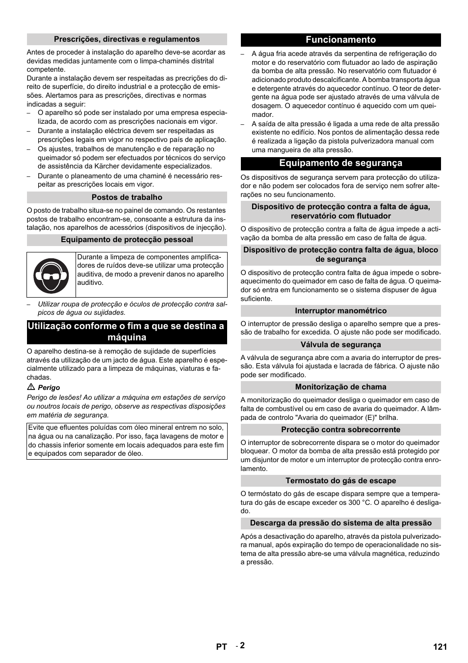 Prescrições, directivas e regulamentos, Postos de trabalho, Equipamento de protecção pessoal | M perigo, Funcionamento, Equipamento de segurança, Interruptor manométrico, Válvula de segurança, Monitorização de chama, Protecção contra sobrecorrente | Karcher HDS 9-14-4 ST User Manual | Page 121 / 450