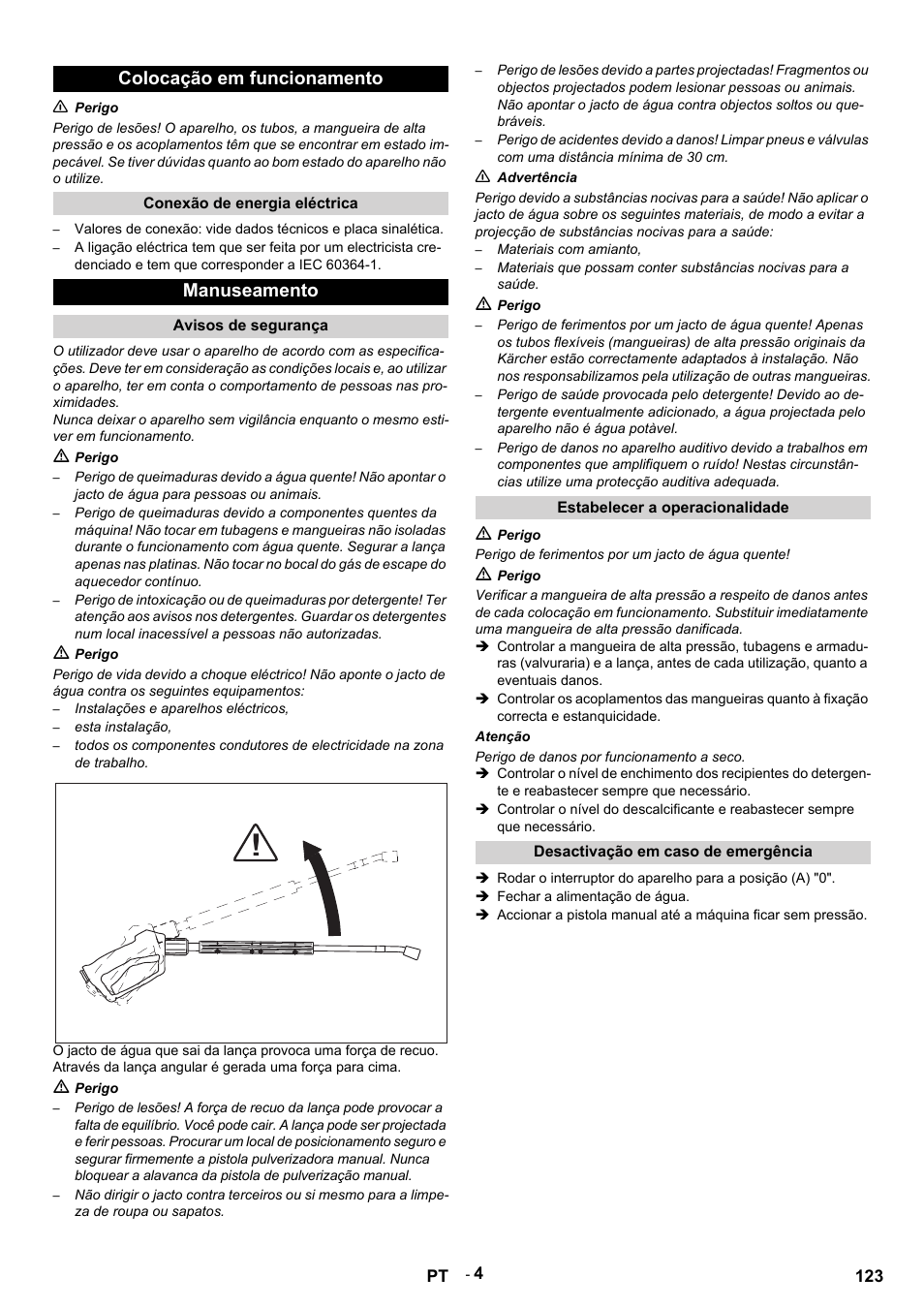 Colocação em funcionamento, N perigo, Conexão de energia eléctrica | Manuseamento, Avisos de segurança, M perigo, Instalações e aparelhos eléctricos, Esta instalação, N advertência, Materiais com amianto | Karcher HDS 9-14-4 ST User Manual | Page 123 / 450