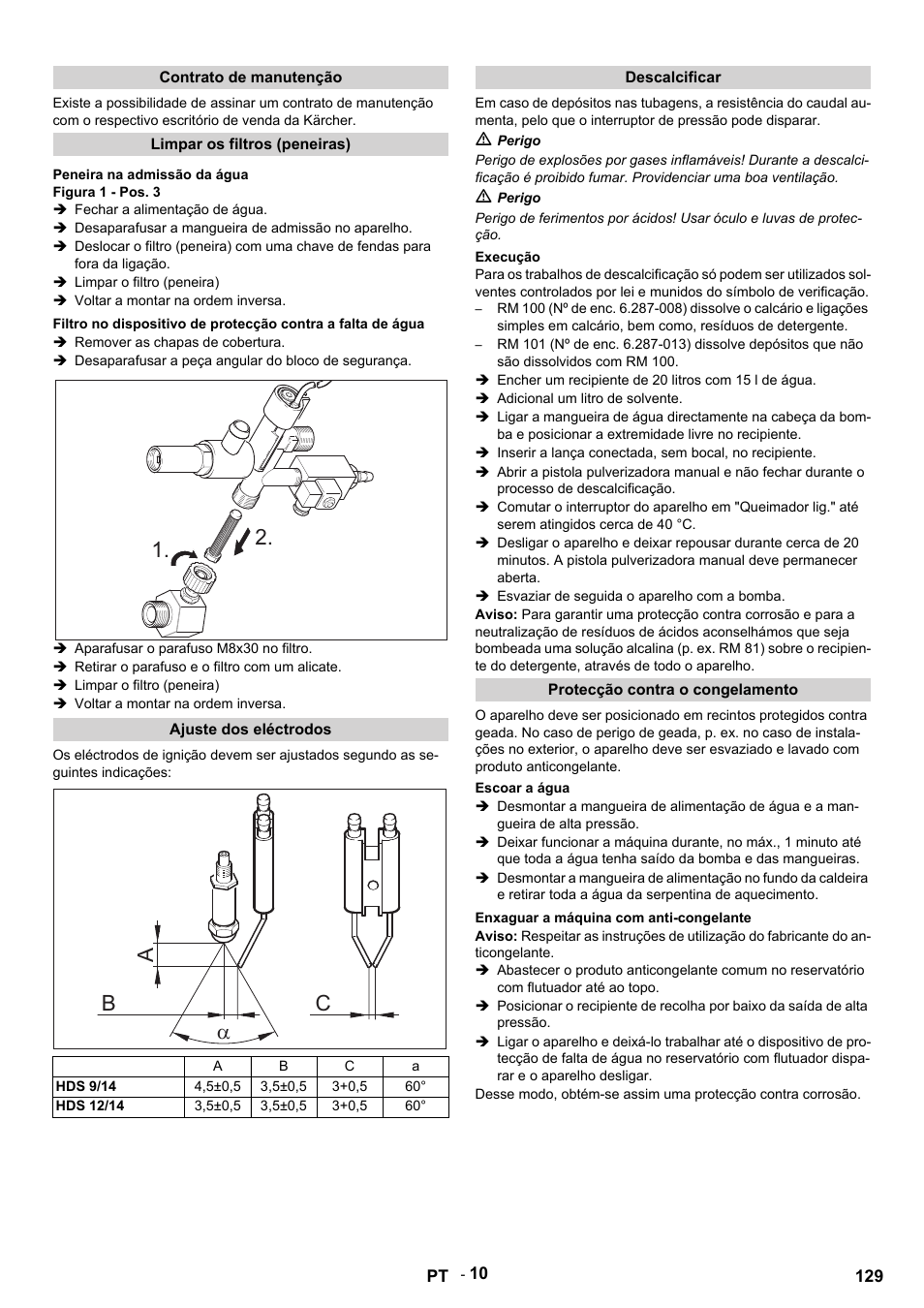 Contrato de manutenção, Limpar os filtros (peneiras), Peneira na admissão da água | Figura 1 - pos. 3, Fechar a alimentação de água, Desaparafusar a mangueira de admissão no aparelho, Limpar o filtro (peneira), Voltar a montar na ordem inversa, Remover as chapas de cobertura, Desaparafusar a peça angular do bloco de segurança | Karcher HDS 9-14-4 ST User Manual | Page 129 / 450