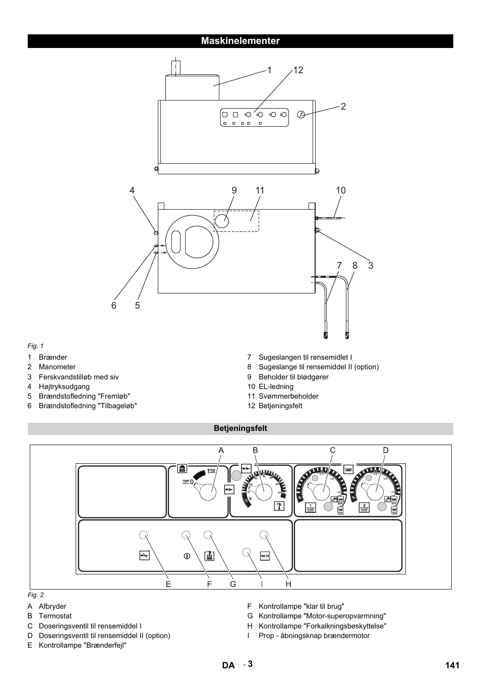 Maskinelementer, Fig. 1, 1 brænder | 2 manometer, 3 ferskvandstilløb med siv, 4 højtryksudgang, 5 brændstofledning "fremløb, 6 brændstofledning "tilbageløb, 7 sugeslangen til rensemidlet i, 8 sugeslange til rensemiddel ii (option) | Karcher HDS 9-14-4 ST User Manual | Page 141 / 450