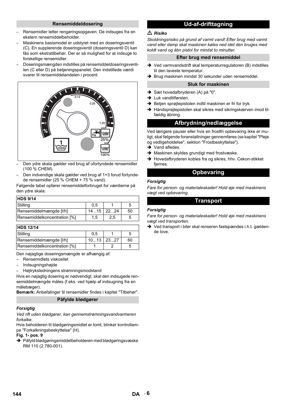 Rensemiddeldosering, Hds 9/14, Stilling | Rensemiddelmængde [l/h, Rensemiddelkoncentration, Hds 12/14, Den nøjagtige doseringsmængde er afhængig af, Rensemidlets viskositet, Indsugningshøjde, Højtryksledningens strømningsmodstand | Karcher HDS 9-14-4 ST User Manual | Page 144 / 450