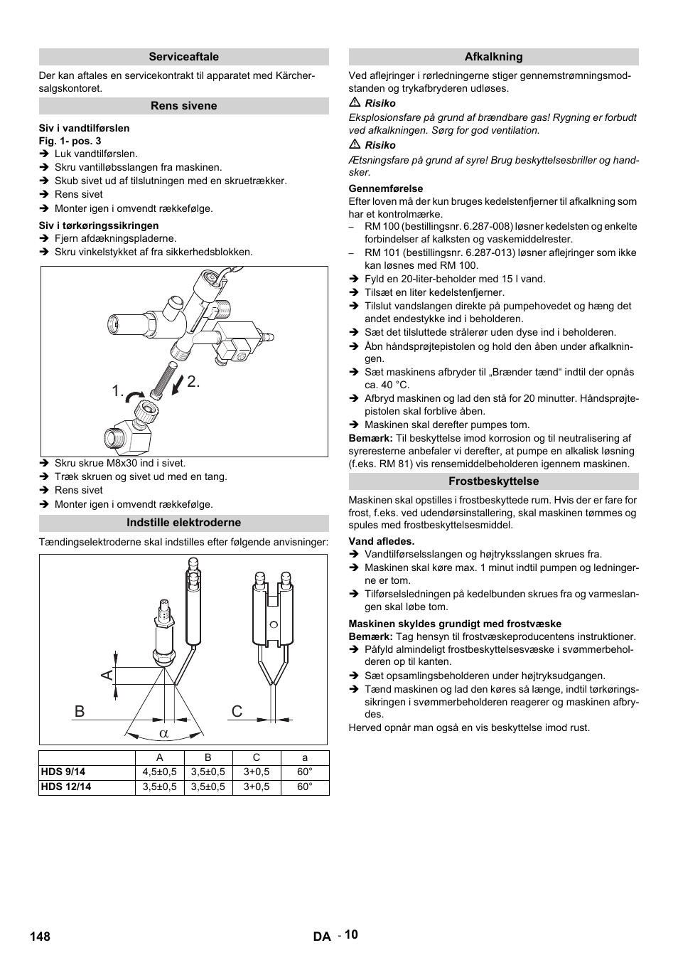 Serviceaftale, Rens sivene, Siv i vandtilførslen | Fig. 1- pos. 3, Luk vandtilførslen, Skru vantilløbsslangen fra maskinen, Skub sivet ud af tilslutningen med en skruetrækker, Rens sivet, Monter igen i omvendt rækkefølge, Siv i tørkøringssikringen | Karcher HDS 9-14-4 ST User Manual | Page 148 / 450