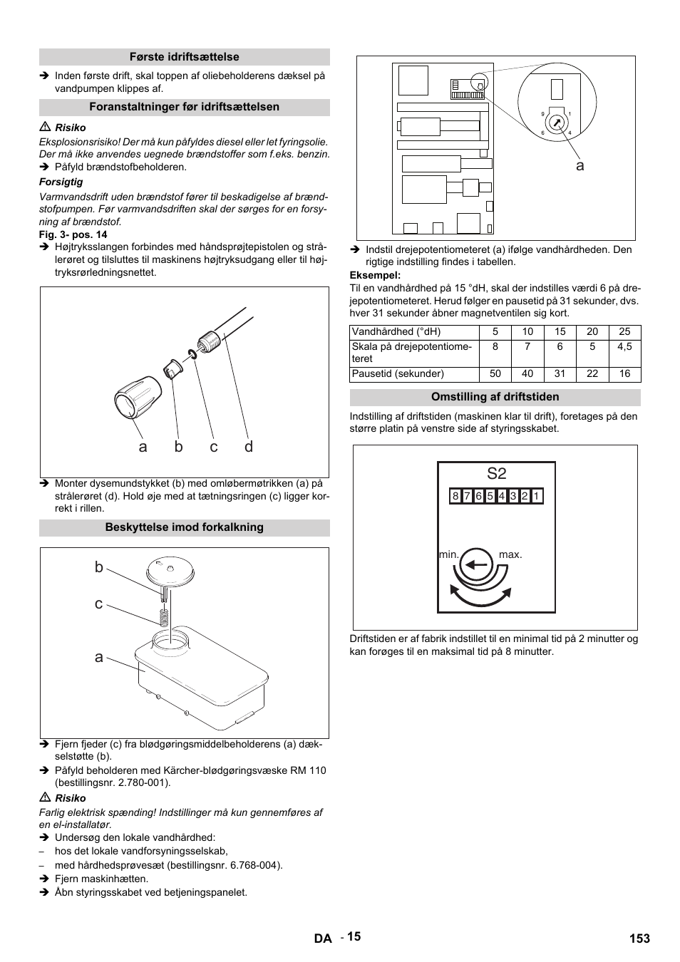 Første idriftsættelse, Foranstaltninger før idriftsættelsen, M risiko | Påfyld brændstofbeholderen, Forsigtig, Fig. 3- pos. 14, Beskyttelse imod forkalkning, Undersøg den lokale vandhårdhed, Hos det lokale vandforsyningsselskab, Med hårdhedsprøvesæt (bestillingsnr. 6.768-004) | Karcher HDS 9-14-4 ST User Manual | Page 153 / 450