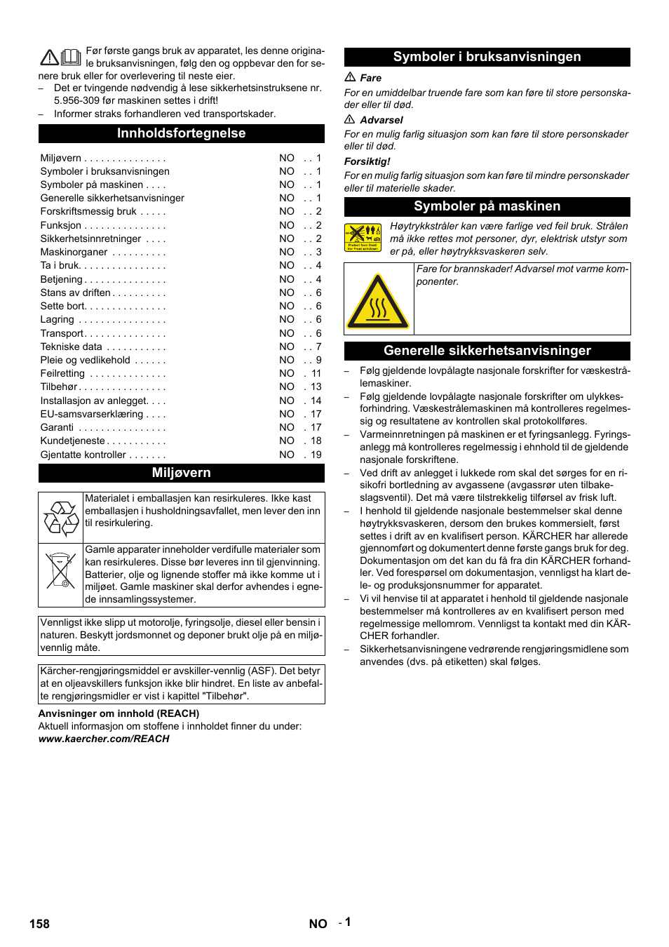 Norsk, Informer straks forhandleren ved transportskader, Innholdsfortegnelse | Miljøvern, Anvisninger om innhold (reach), Www.kaercher.com/reach, Symboler i bruksanvisningen, M fare, N advarsel, Forsiktig | Karcher HDS 9-14-4 ST User Manual | Page 158 / 450