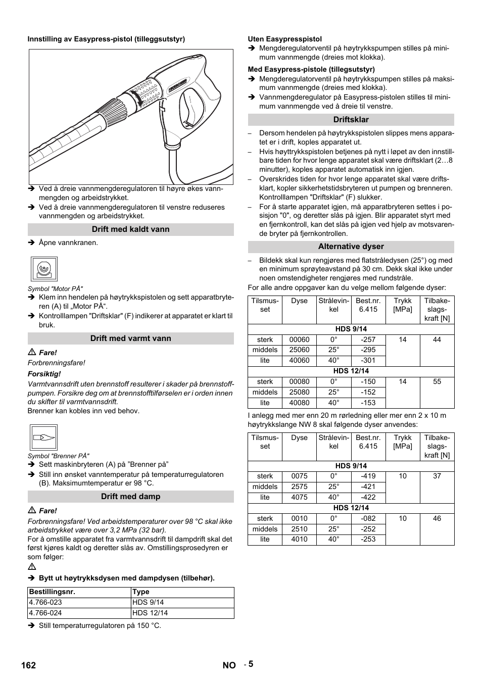 Innstilling av easypress-pistol (tilleggsutstyr), Drift med kaldt vann, Åpne vannkranen | Symbol "motor på, Drift med varmt vann, M fare, Forbrenningsfare, Forsiktig, Brenner kan kobles inn ved behov, Symbol "brenner på | Karcher HDS 9-14-4 ST User Manual | Page 162 / 450