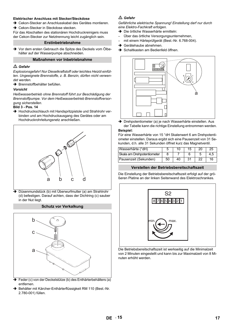 Elektrischer anschluss mit stecker/steckdose, Cekon-stecker in steckdose stecken, Erstinbetriebnahme | Maßnahmen vor inbetriebnahme, M gefahr, Brennstoffbehälter befüllen, Vorsicht, Bild 3 - pos. 14, Schutz vor verkalkung, Die örtliche wasserhärte ermitteln | Karcher HDS 9-14-4 ST User Manual | Page 17 / 450