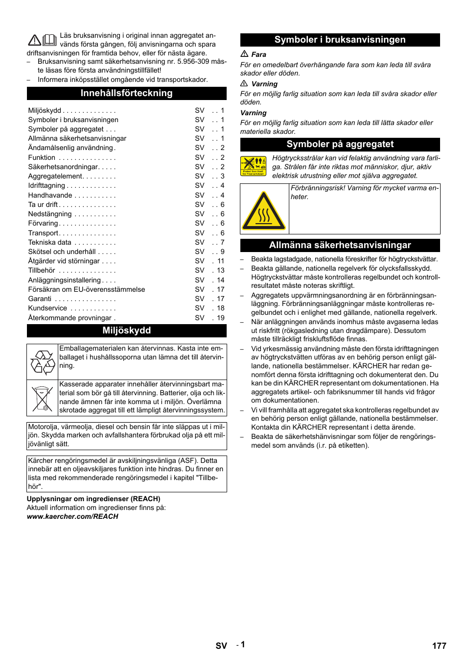 Svenska, Innehållsförteckning, Miljöskydd | Upplysningar om ingredienser (reach), Aktuell information om ingredienser finns på, Www.kaercher.com/reach, Symboler i bruksanvisningen, M fara, N varning, Varning | Karcher HDS 9-14-4 ST User Manual | Page 177 / 450