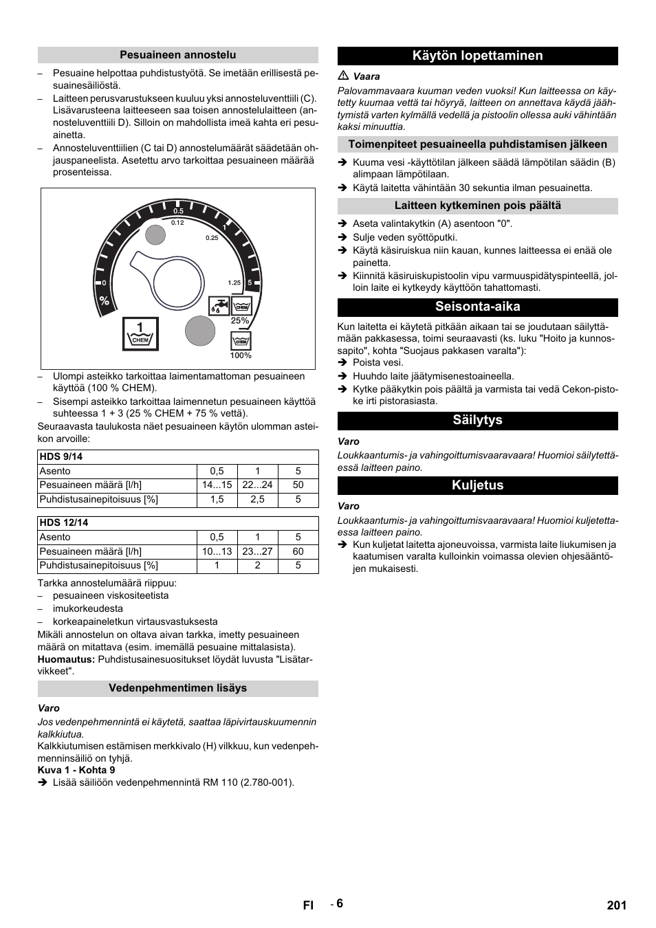 Pesuaineen annostelu, Hds 9/14, Asento | Pesuaineen määrä [l/h, Puhdistusainepitoisuus, Hds 12/14, Tarkka annostelumäärä riippuu, Pesuaineen viskositeetista, Imukorkeudesta, Korkeapaineletkun virtausvastuksesta | Karcher HDS 9-14-4 ST User Manual | Page 201 / 450