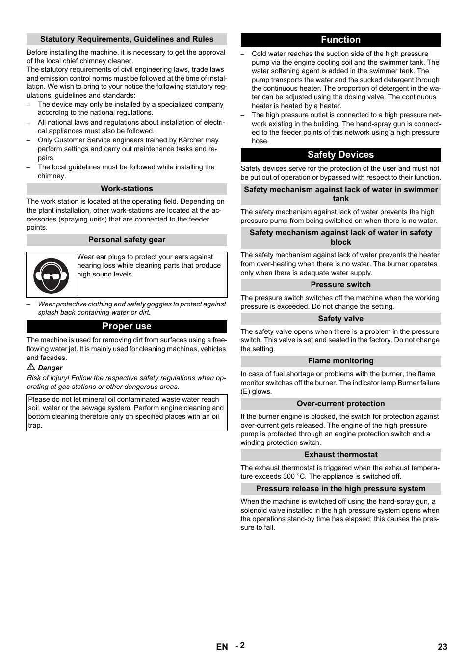 Statutory requirements, guidelines and rules, Work-stations, Personal safety gear | Proper use, M danger, Function, Safety devices, Pressure switch, Safety valve, Flame monitoring | Karcher HDS 9-14-4 ST User Manual | Page 23 / 450