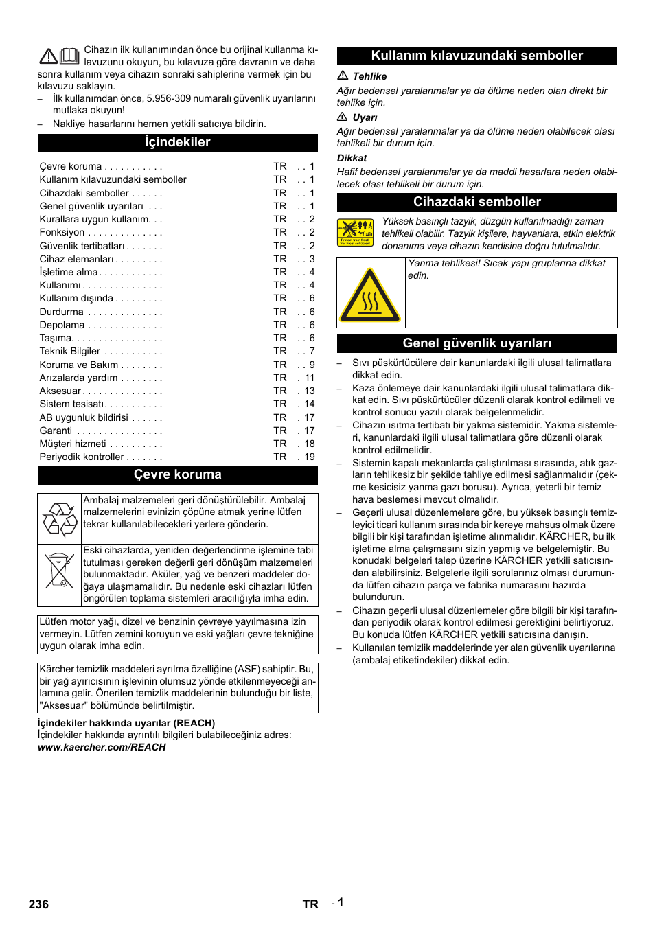 Türkçe, Içindekiler, Çevre koruma | Içindekiler hakkında uyarılar (reach), Www.kaercher.com/reach, Kullanım kılavuzundaki semboller, M tehlike, N uyarı, Dikkat, Cihazdaki semboller | Karcher HDS 9-14-4 ST User Manual | Page 236 / 450