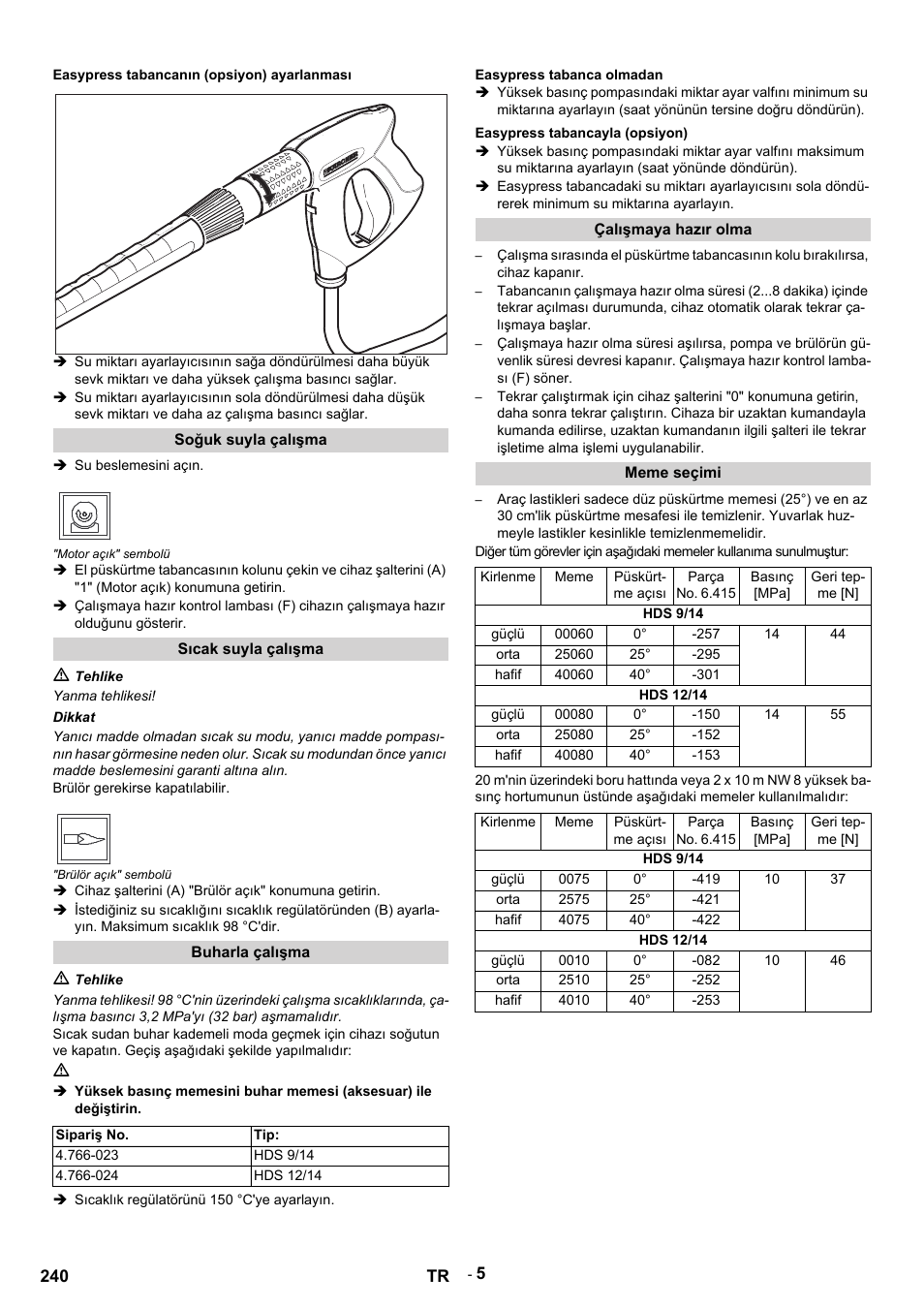 Easypress tabancanın (opsiyon) ayarlanması, Soğuk suyla çalışma, Su beslemesini açın | Motor açık" sembolü, Sıcak suyla çalışma, M tehlike, Yanma tehlikesi, Dikkat, Brülör gerekirse kapatılabilir, Brülör açık" sembolü | Karcher HDS 9-14-4 ST User Manual | Page 240 / 450