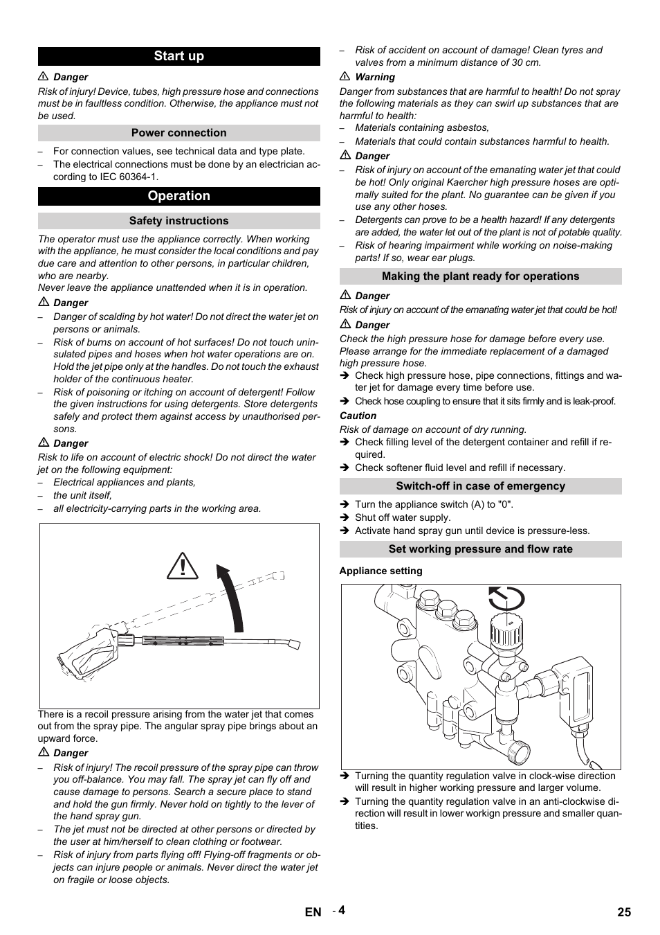 Start up, N danger, Power connection | Operation, Safety instructions, M danger, Electrical appliances and plants, The unit itself, All electricity-carrying parts in the working area, N warning | Karcher HDS 9-14-4 ST User Manual | Page 25 / 450