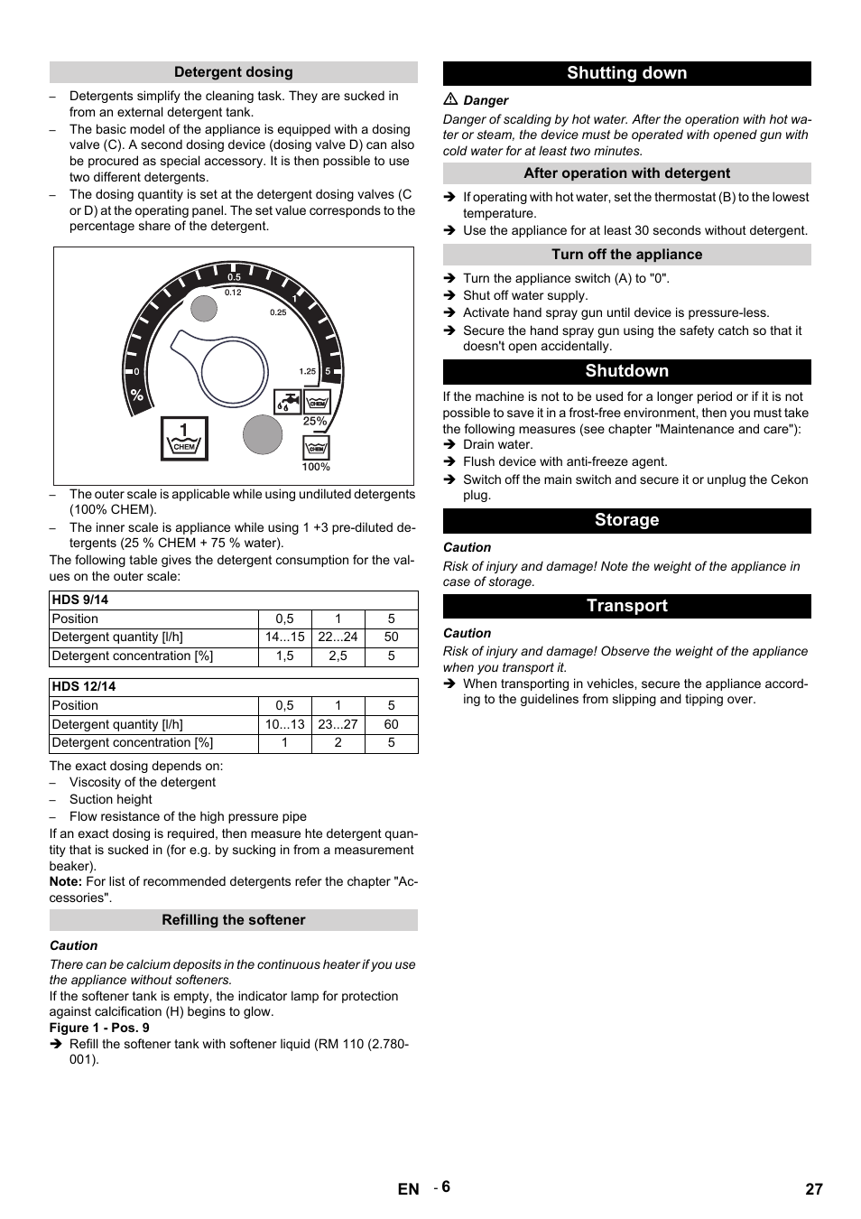 Detergent dosing, Hds 9/14, Position | Detergent quantity [l/h, Detergent concentration, Hds 12/14, The exact dosing depends on, Viscosity of the detergent, Suction height, Flow resistance of the high pressure pipe | Karcher HDS 9-14-4 ST User Manual | Page 27 / 450