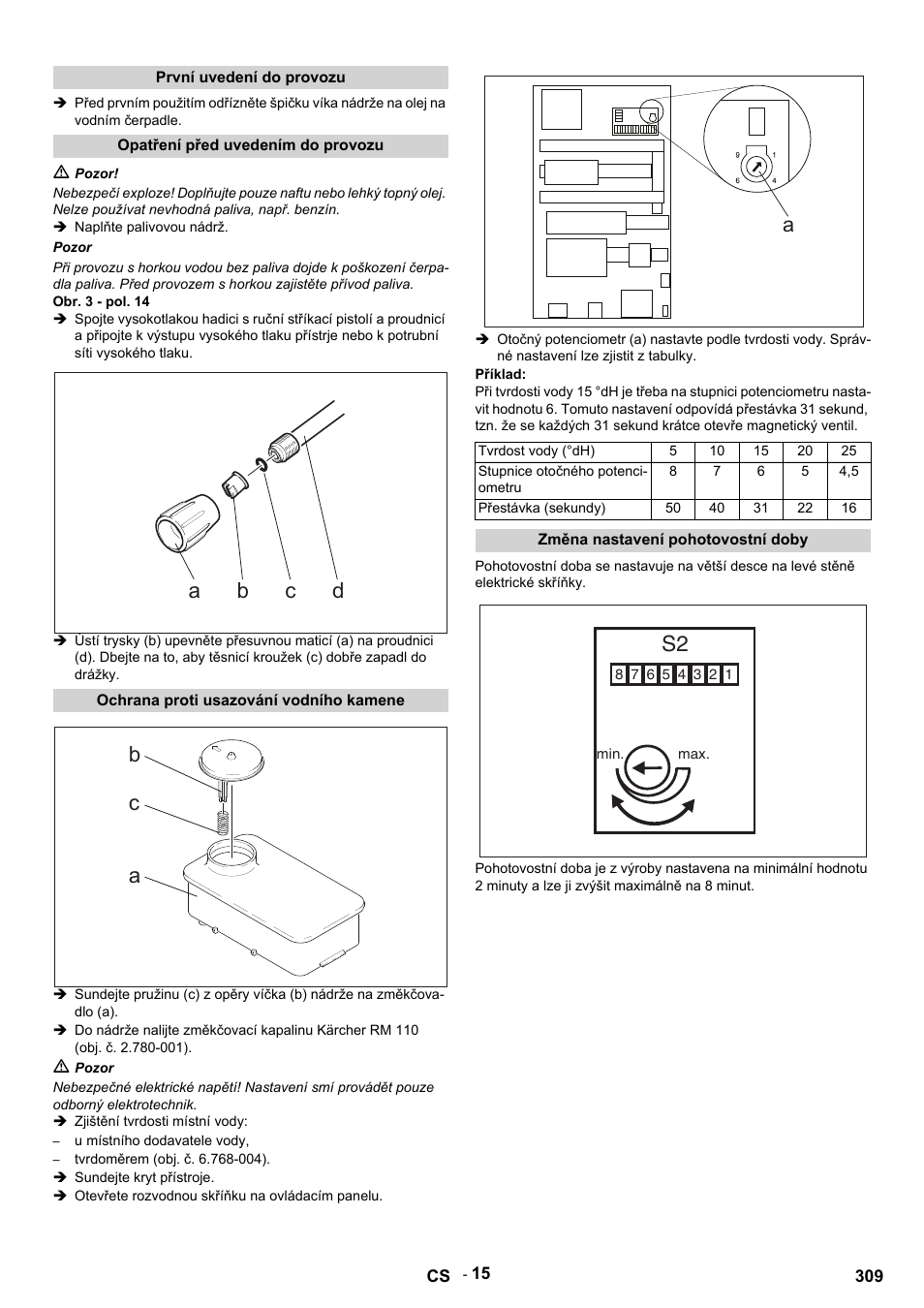 První uvedení do provozu, Opatření před uvedením do provozu, M pozor | Naplňte palivovou nádrž, Pozor, Obr. 3 - pol. 14, Ochrana proti usazování vodního kamene, Zjištění tvrdosti místní vody, U místního dodavatele vody, Tvrdoměrem (obj. č. 6.768-004) | Karcher HDS 9-14-4 ST User Manual | Page 309 / 450
