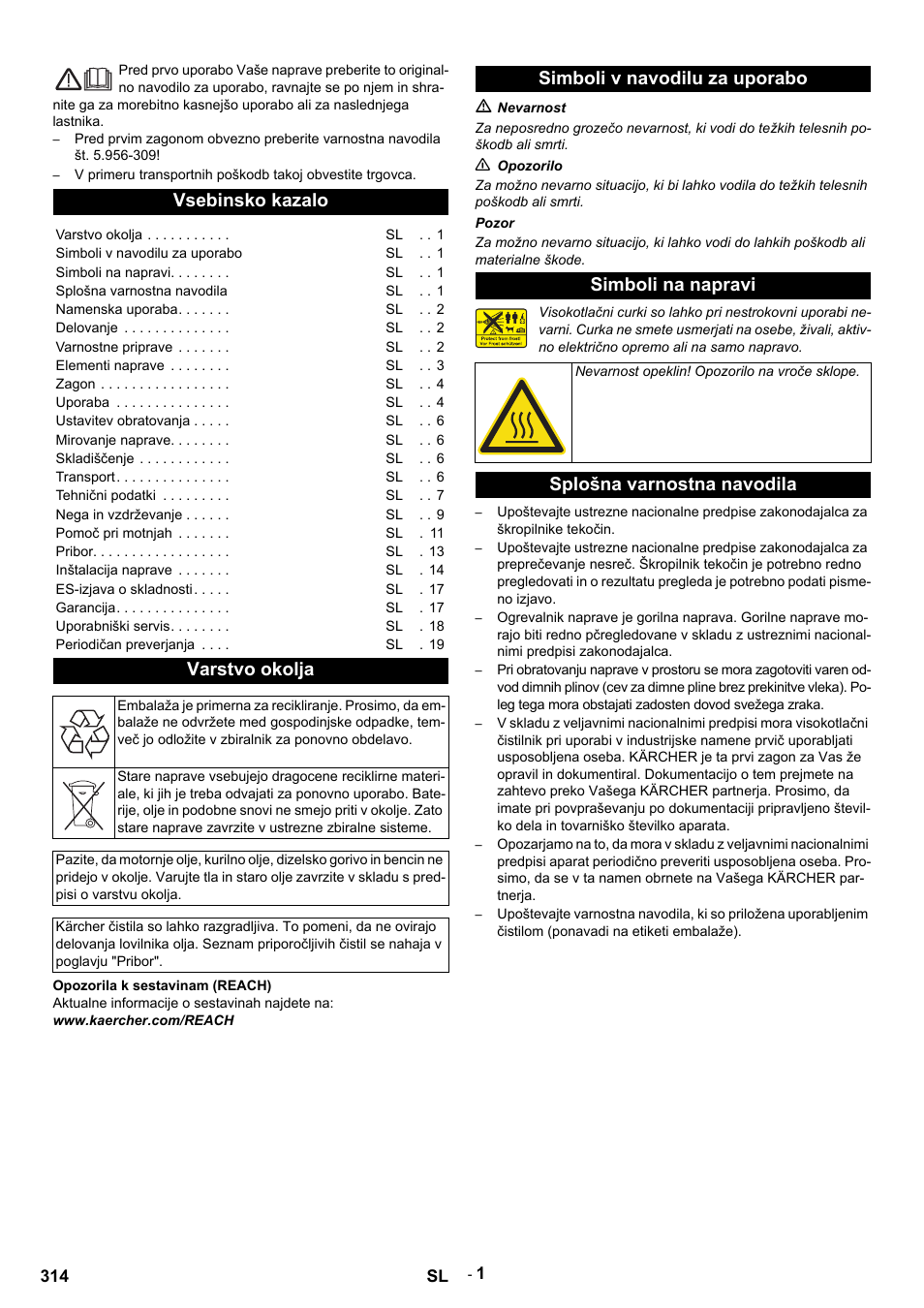 Slovenščina, Vsebinsko kazalo, Varstvo okolja | Opozorila k sestavinam (reach), Aktualne informacije o sestavinah najdete na, Www.kaercher.com/reach, Simboli v navodilu za uporabo, M nevarnost, N opozorilo, Pozor | Karcher HDS 9-14-4 ST User Manual | Page 314 / 450