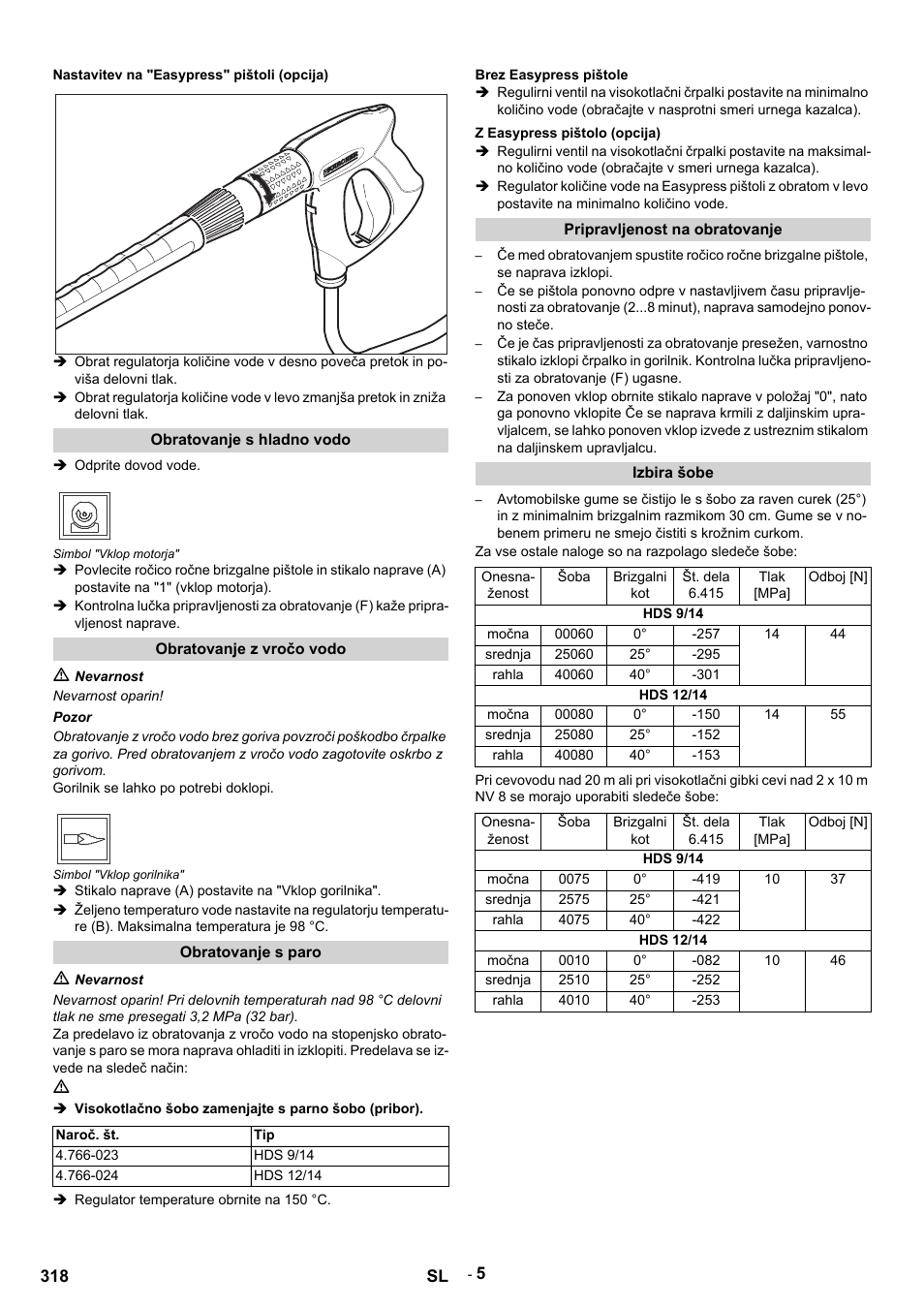 Nastavitev na "easypress" pištoli (opcija), Obratovanje s hladno vodo, Odprite dovod vode | Simbol "vklop motorja, Obratovanje z vročo vodo, M nevarnost, Nevarnost oparin, Pozor, Gorilnik se lahko po potrebi doklopi, Simbol "vklop gorilnika | Karcher HDS 9-14-4 ST User Manual | Page 318 / 450