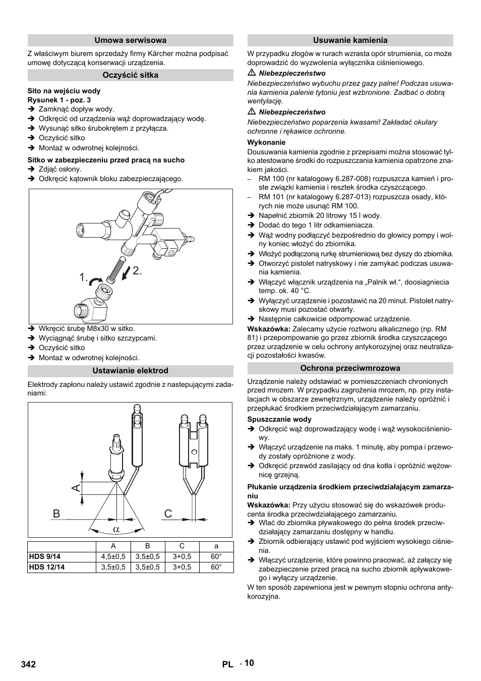 Umowa serwisowa, Oczyścić sitka, Sito na wejściu wody | Rysunek 1 - poz. 3, Zamknąć dopływ wody, Odkręcić od urządzenia wąż doprowadzający wodę, Wysunąć sitko śrubokrętem z przyłącza, Oczyścić sitko, Montaż w odwrotnej kolejności, Sitko w zabezpieczeniu przed pracą na sucho | Karcher HDS 9-14-4 ST User Manual | Page 342 / 450