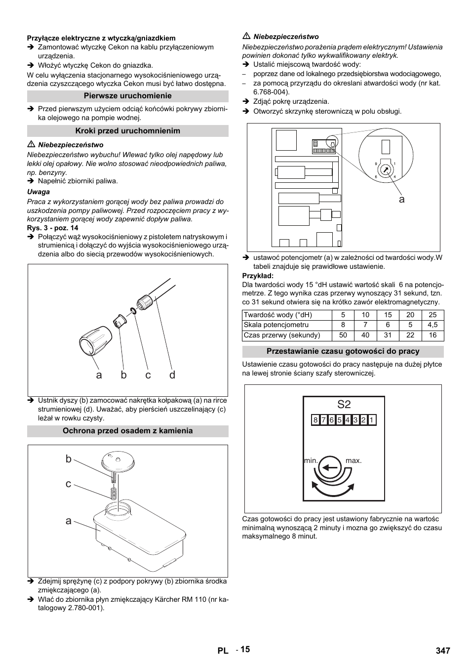 Przyłącze elektryczne z wtyczką/gniazdkiem, Włożyć wtyczkę cekon do gniazdka, Pierwsze uruchomienie | Kroki przed uruchomnienim, M niebezpieczeństwo, Napełnić zbiorniki paliwa, Uwaga, Rys. 3 - poz. 14, Ochrona przed osadem z kamienia, Ustalić miejscową twardość wody | Karcher HDS 9-14-4 ST User Manual | Page 347 / 450