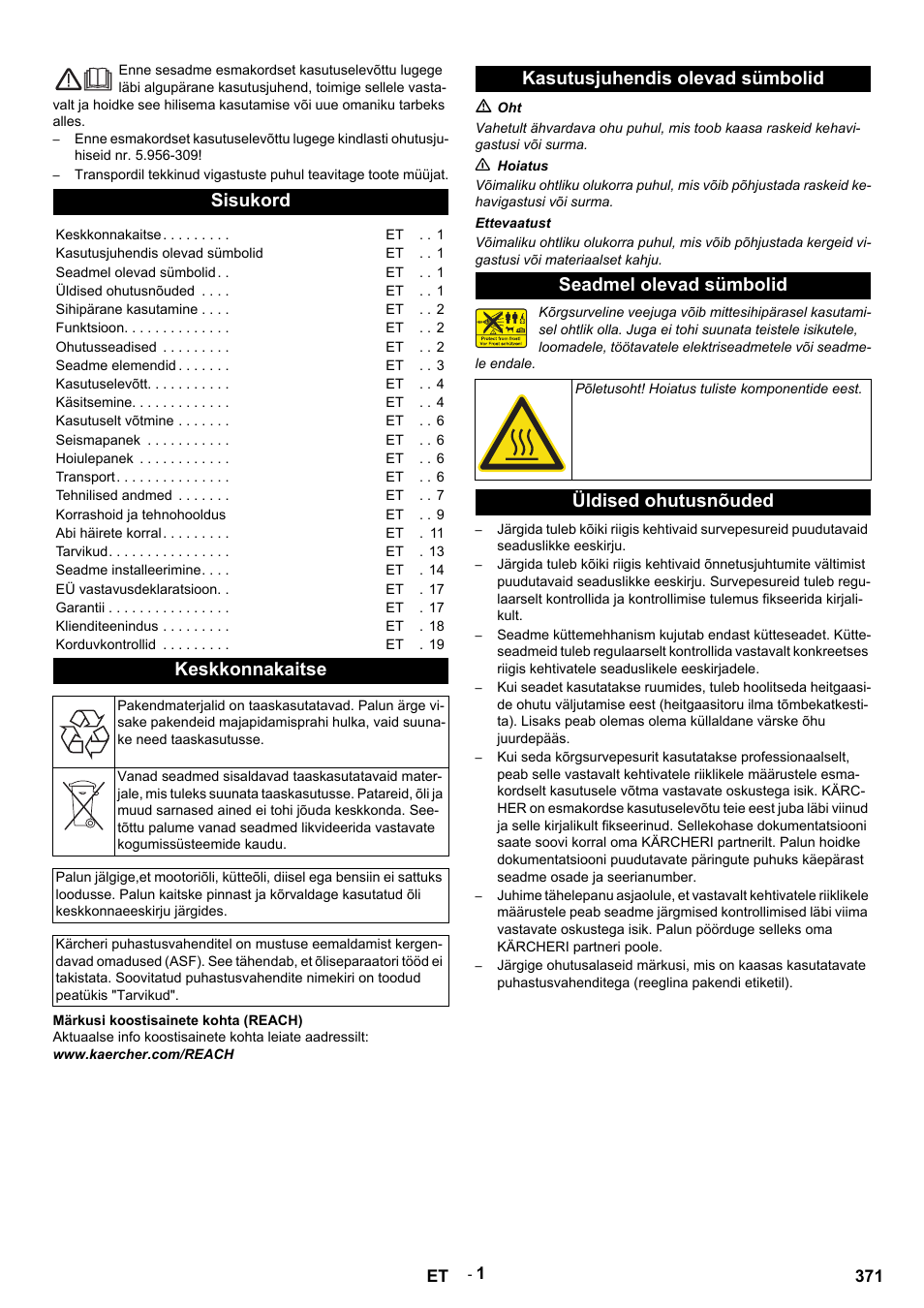 Eesti, Sisukord, Keskkonnakaitse | Märkusi koostisainete kohta (reach), Www.kaercher.com/reach, Kasutusjuhendis olevad sümbolid, M oht, N hoiatus, Ettevaatust, Seadmel olevad sümbolid | Karcher HDS 9-14-4 ST User Manual | Page 371 / 450