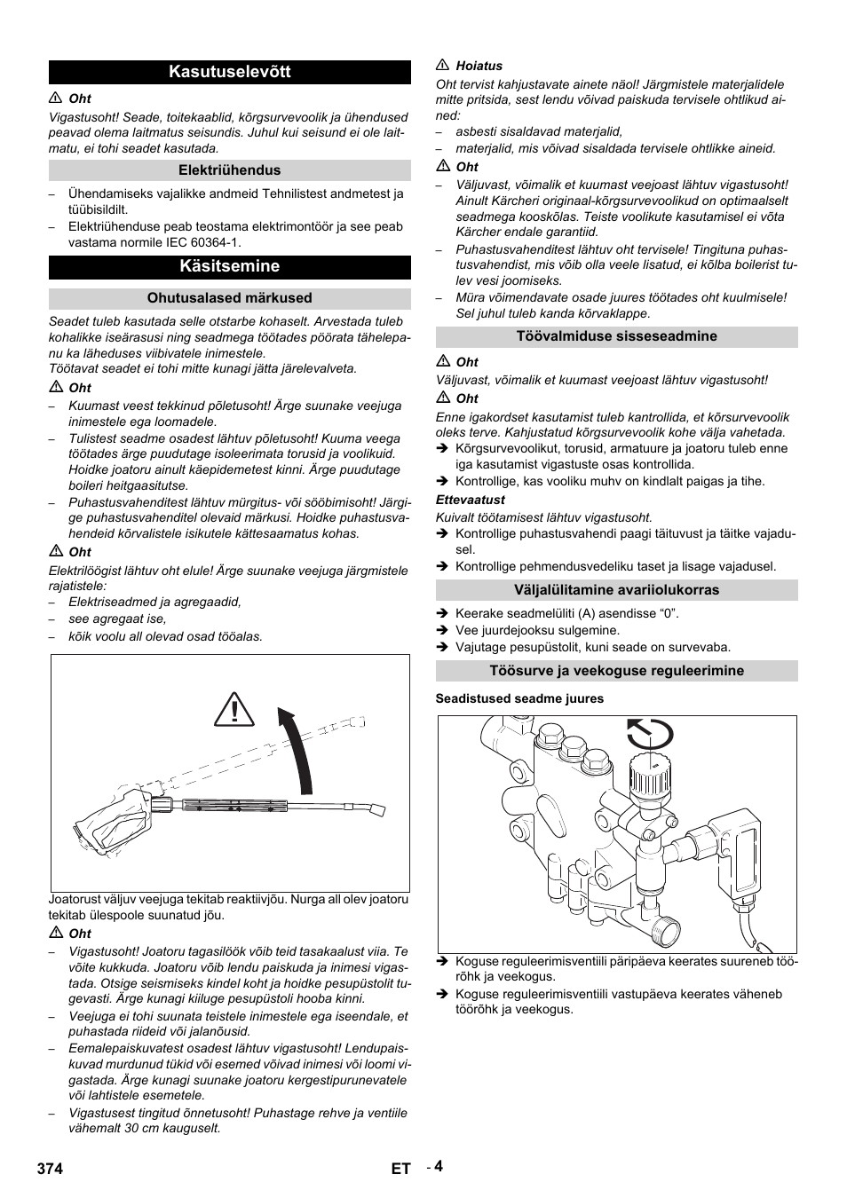 Kasutuselevõtt, N oht, Elektriühendus | Käsitsemine, Ohutusalased märkused, M oht, Elektriseadmed ja agregaadid, See agregaat ise, Kõik voolu all olevad osad tööalas, N hoiatus | Karcher HDS 9-14-4 ST User Manual | Page 374 / 450