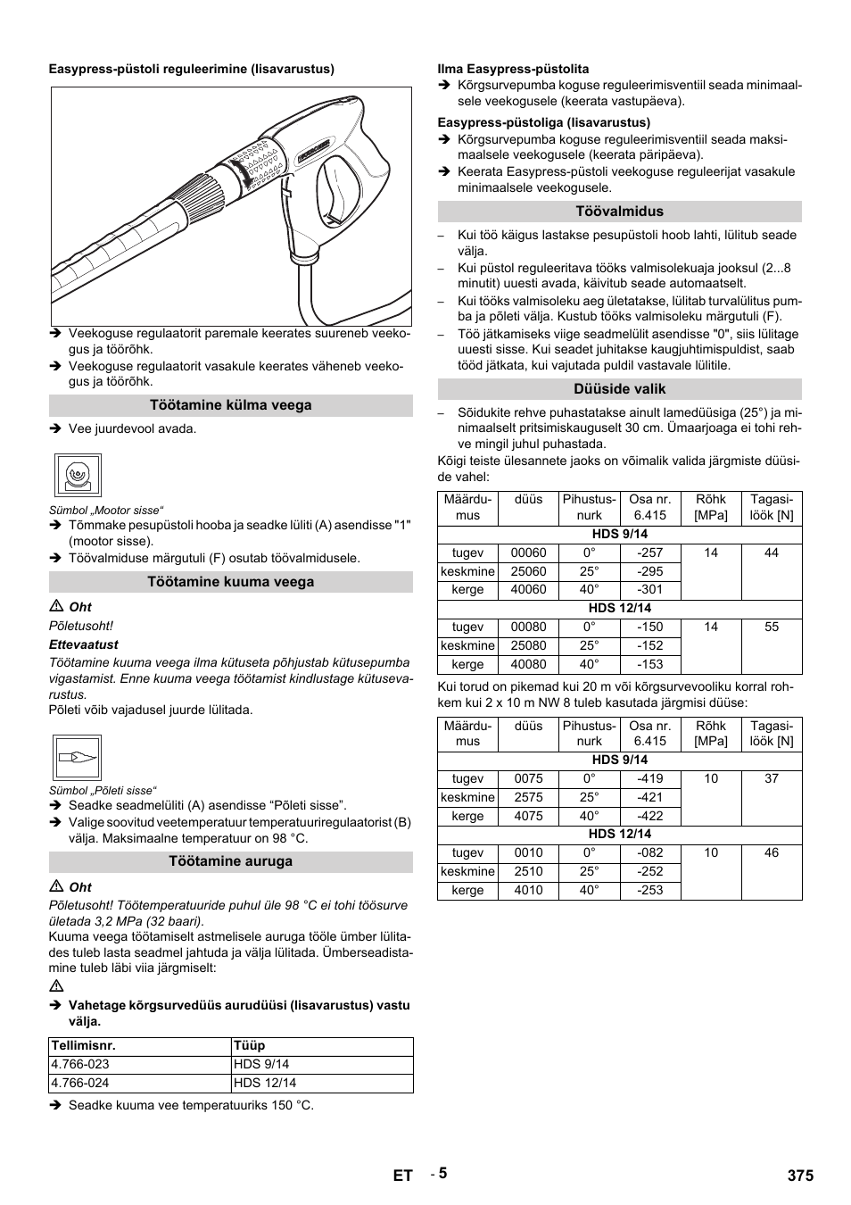 Easypress-püstoli reguleerimine (lisavarustus), Töötamine külma veega, Vee juurdevool avada | Sümbol „mootor sisse, Töövalmiduse märgutuli (f) osutab töövalmidusele, Töötamine kuuma veega, M oht, Põletusoht, Ettevaatust, Põleti võib vajadusel juurde lülitada | Karcher HDS 9-14-4 ST User Manual | Page 375 / 450