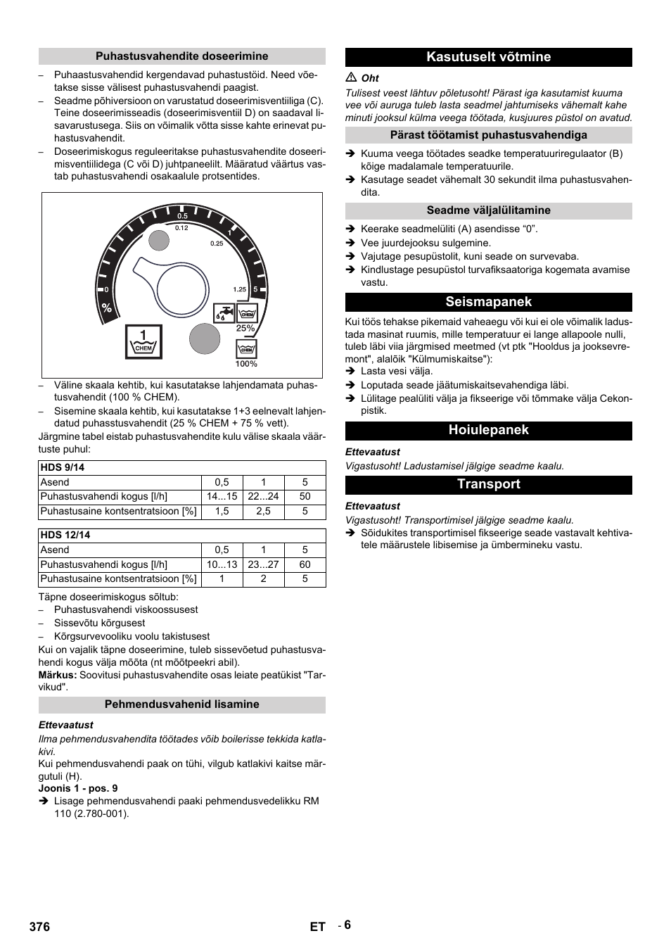 Puhastusvahendite doseerimine, Hds 9/14, Asend | Puhastusvahendi kogus [l/h, Puhastusaine kontsentratsioon, Hds 12/14, Täpne doseerimiskogus sõltub, Puhastusvahendi viskoossusest, Sissevõtu kõrgusest, Kõrgsurvevooliku voolu takistusest | Karcher HDS 9-14-4 ST User Manual | Page 376 / 450