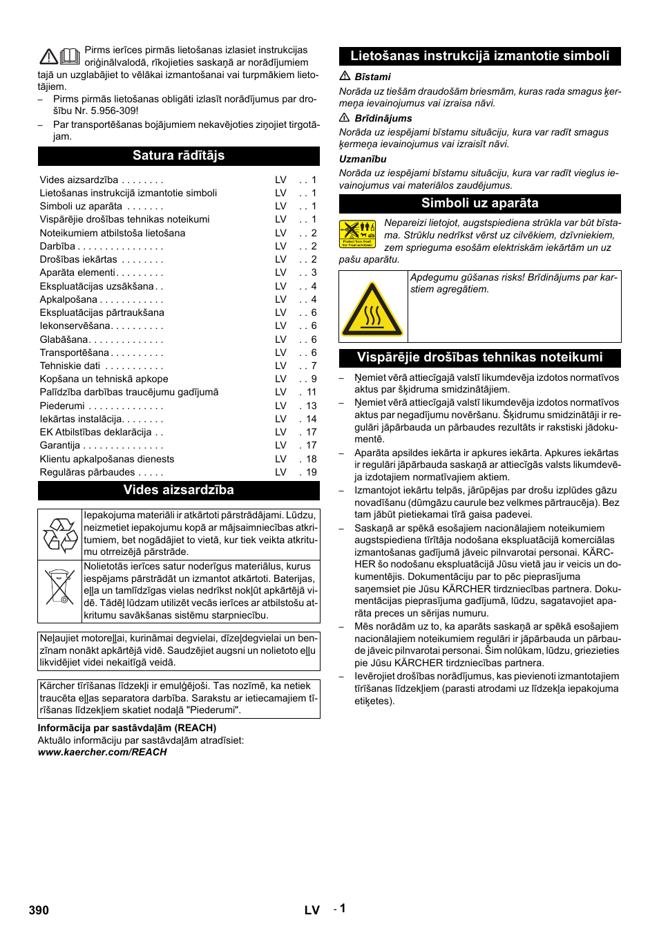 Latviešu, Satura rādītājs, Vides aizsardzība | Informācija par sastāvdaļām (reach), Aktuālo informāciju par sastāvdaļām atradīsiet, Www.kaercher.com/reach, Lietošanas instrukcijā izmantotie simboli, M bīstami, N brīdinājums, Uzmanību | Karcher HDS 9-14-4 ST User Manual | Page 390 / 450