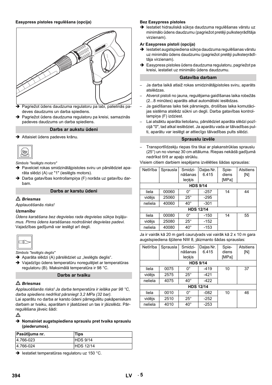 Easypress pistoles regulēšana (opcija), Darbs ar aukstu ūdeni, Attaisiet ūdens padeves krānu | Simbols "ieslēgts motors, Darbs ar karstu ūdeni, M briesmas, Applaucēšanās risks, Uzmanību, Vajadzības gadījumā var ieslēgt arī degli, Simbols "ieslēgts deglis | Karcher HDS 9-14-4 ST User Manual | Page 394 / 450